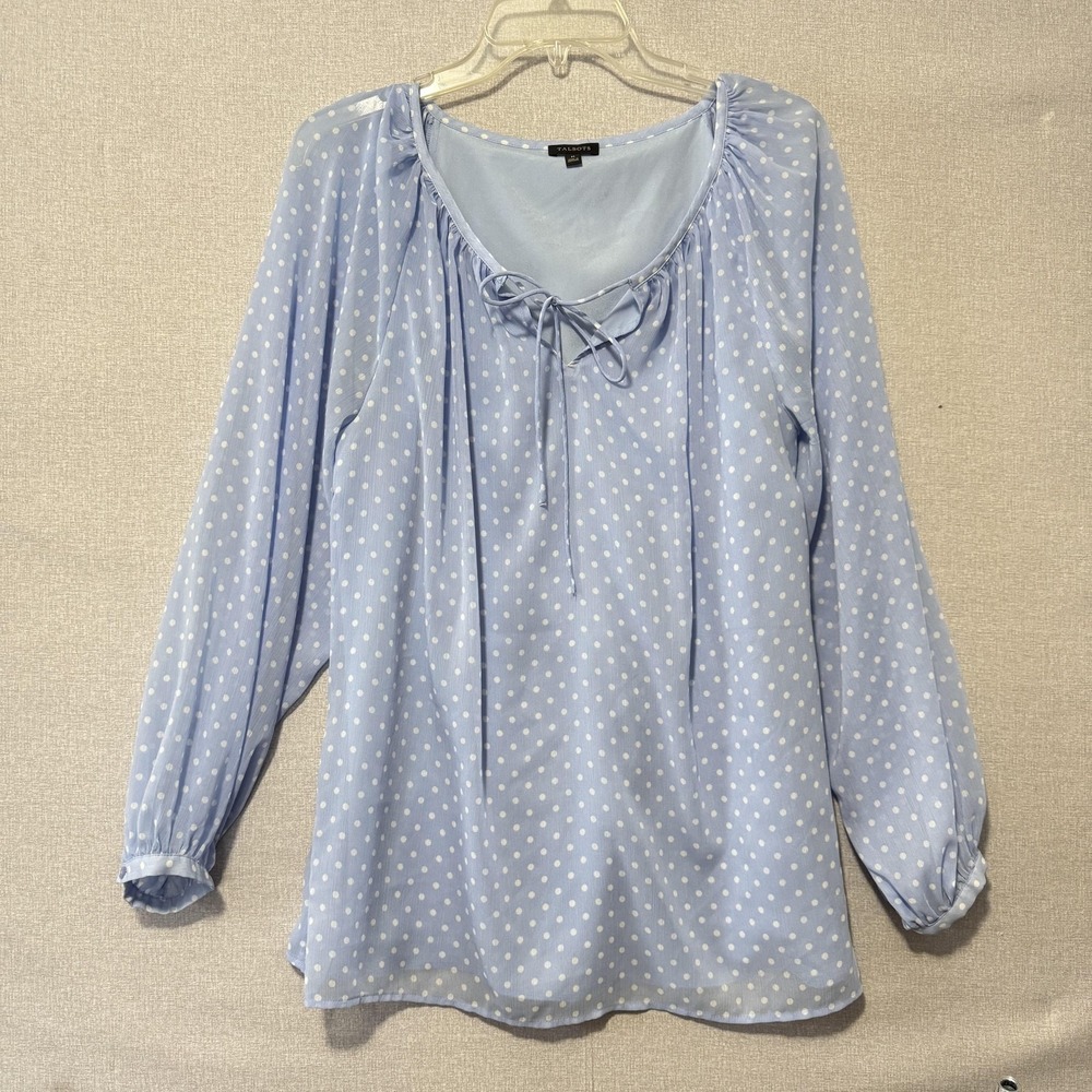 Talbots Blouse Womens Medium Blue Polka Dot Long Sleeve Lined Tie Neck Top